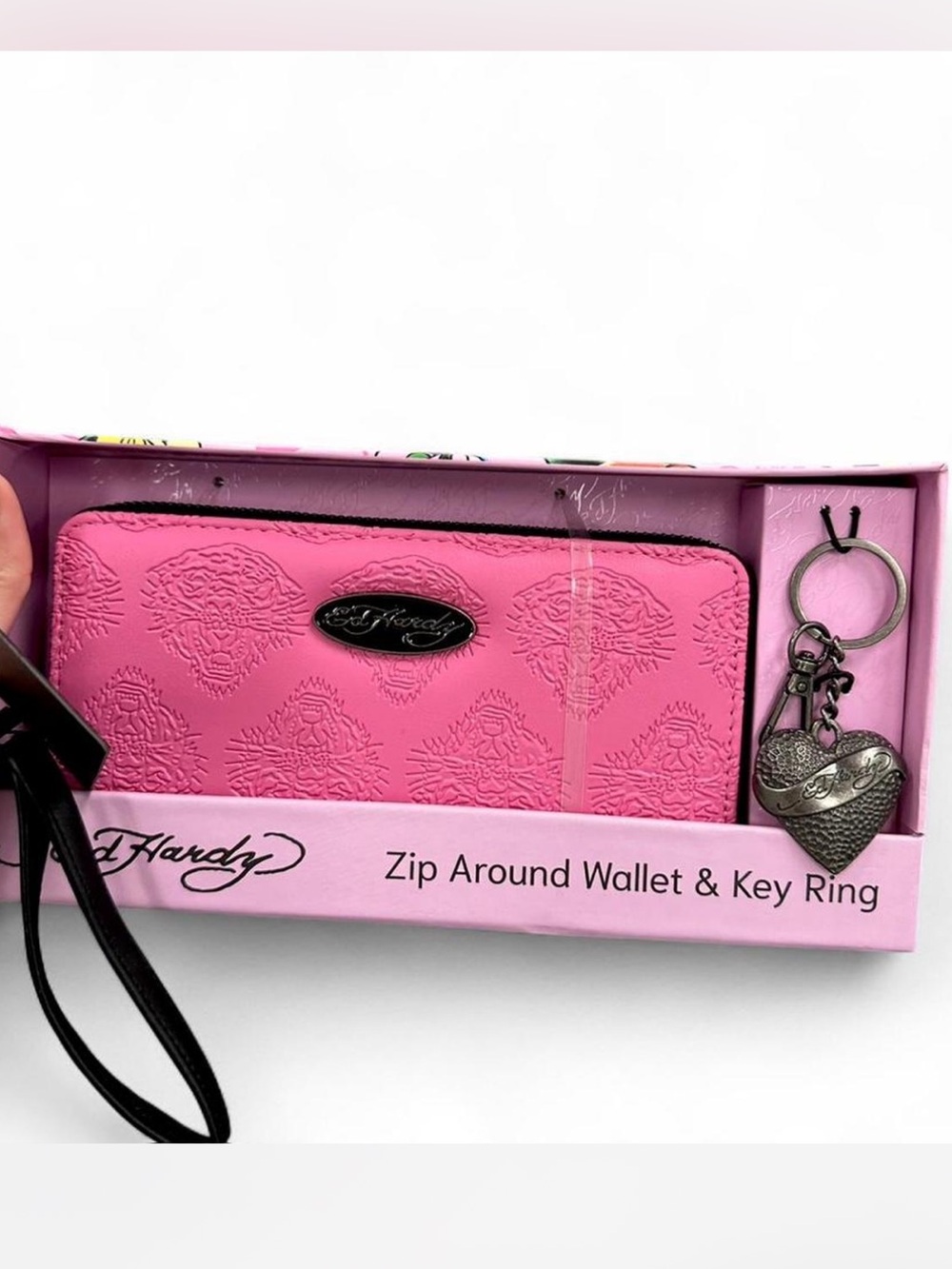 Ed Hardy Pink Zip-Around Wallet with Heart Keyring